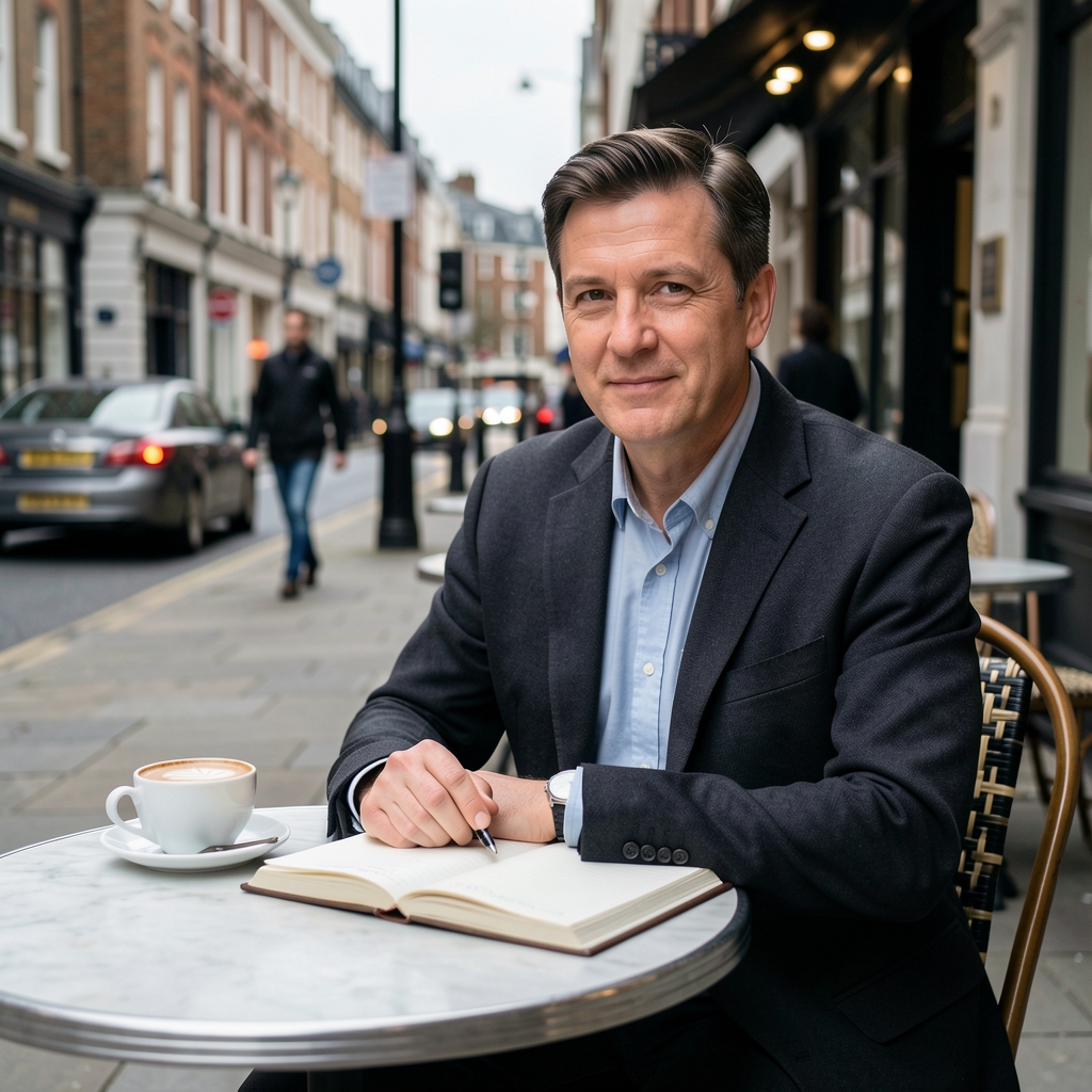 Jasper Linwood, contributing editor, seated outdoors at a cafe table with an open notebook and coffee, overcast London light