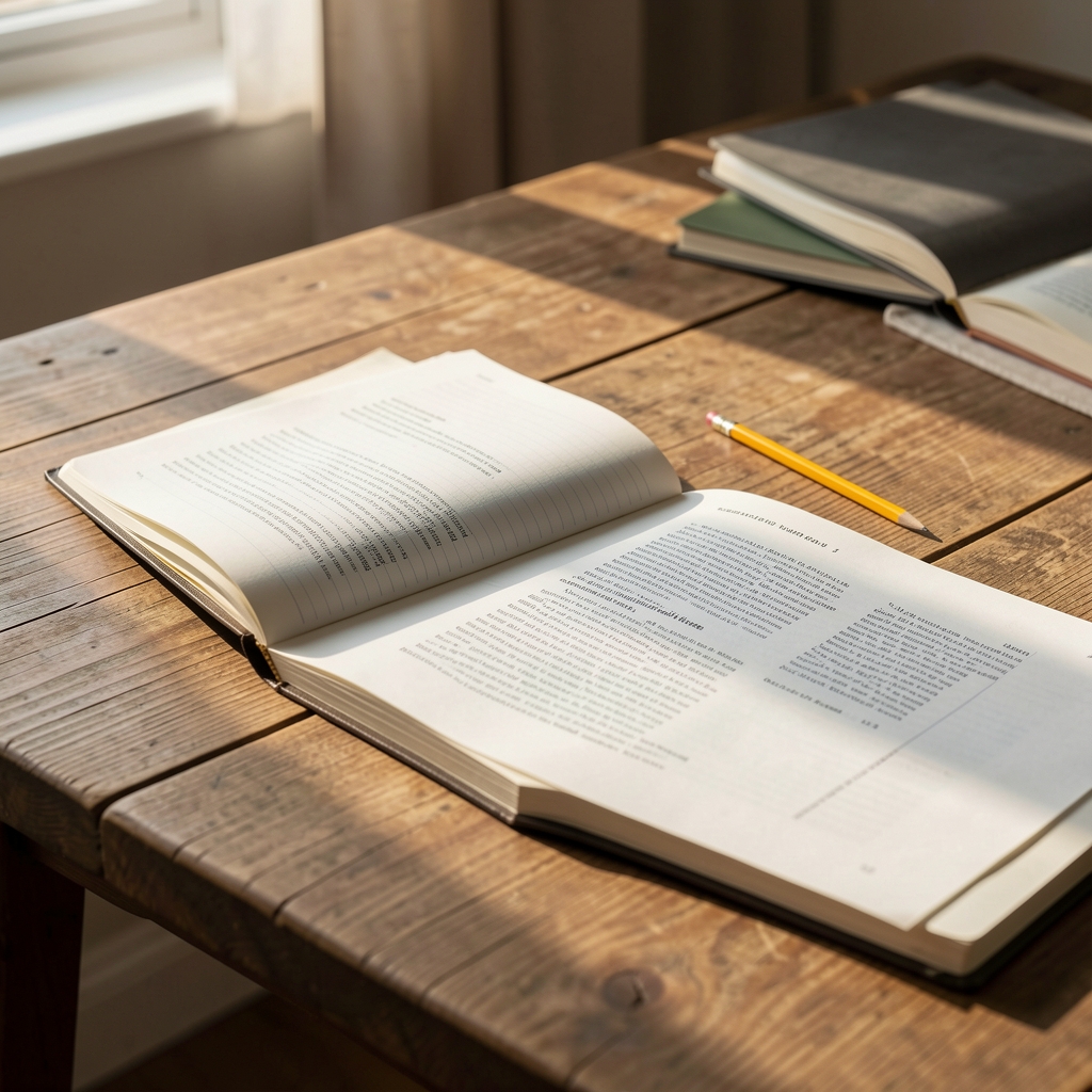 The Elarovan Letters editorial workspace — a wooden desk with open notebooks, a pencil, and morning light falling across printed pages