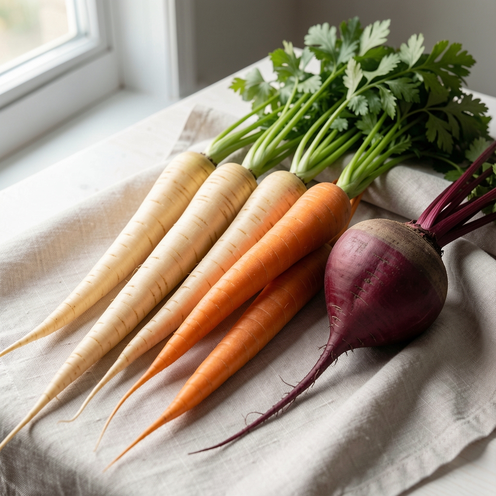 Seasonal root vegetables — parsnips, carrots, beetroot — arranged on a pale linen cloth, natural window light from the left