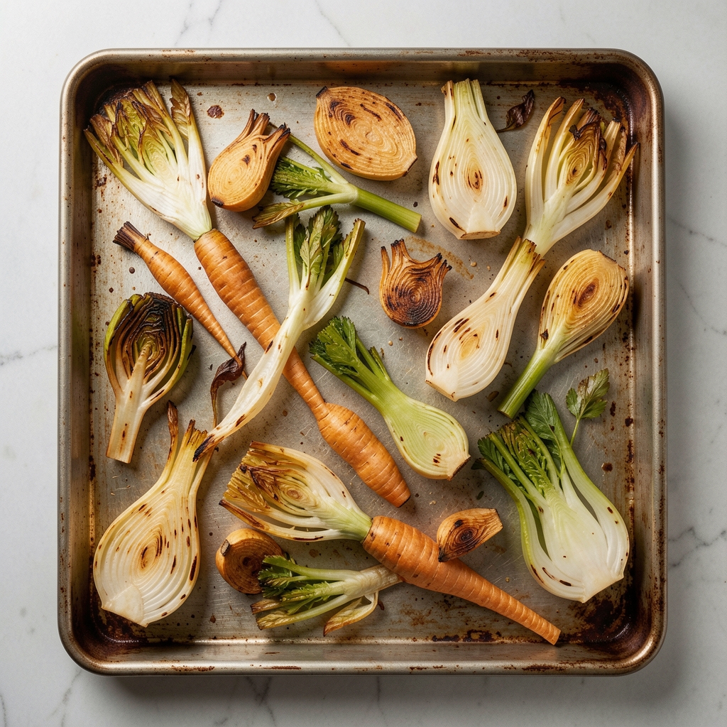 Roasted parsnips and celeriac on a baking tray, golden edges, natural kitchen light, overhead perspective