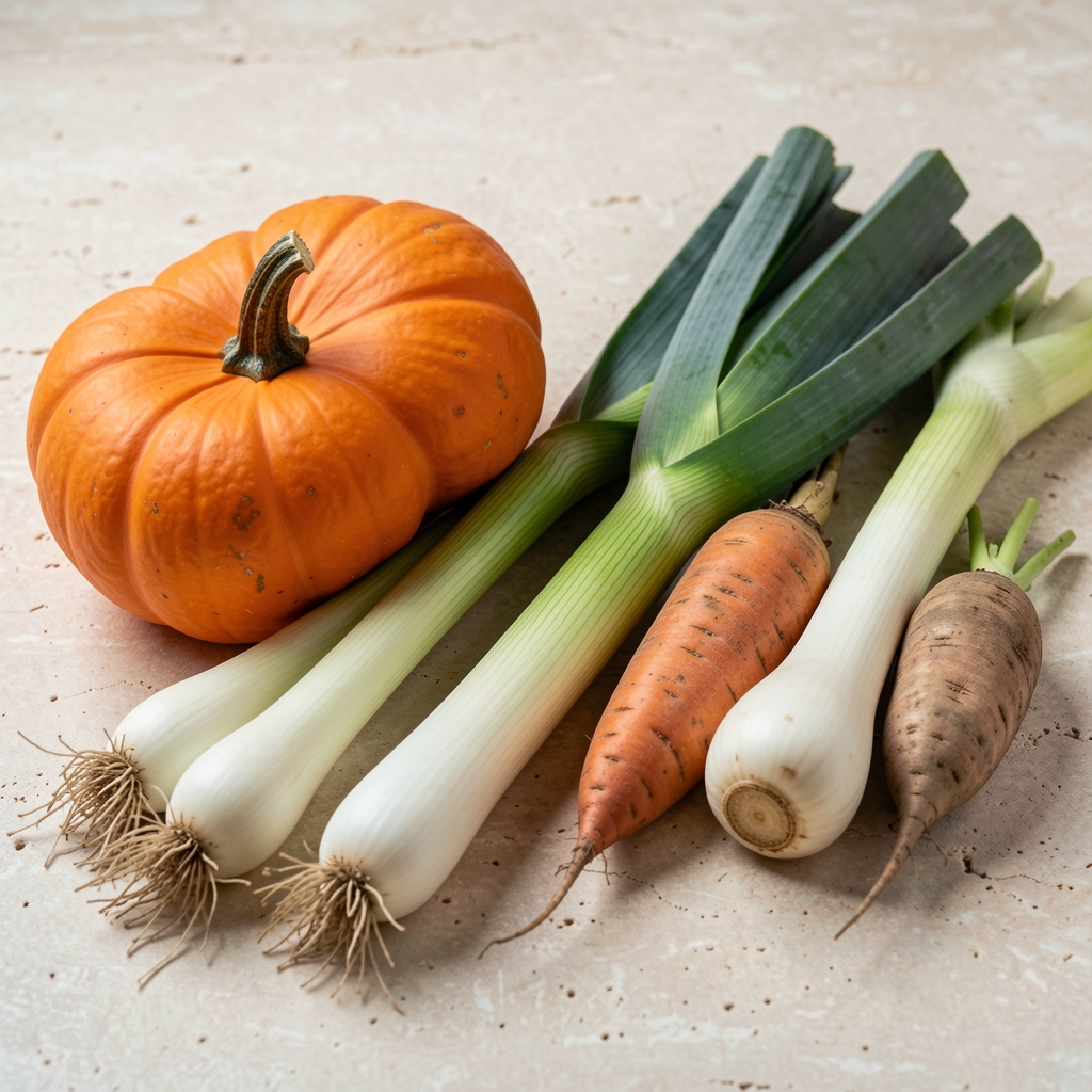 Selection of seasonal autumn vegetables — squash, leeks, and root vegetables — arranged on a pale stone surface