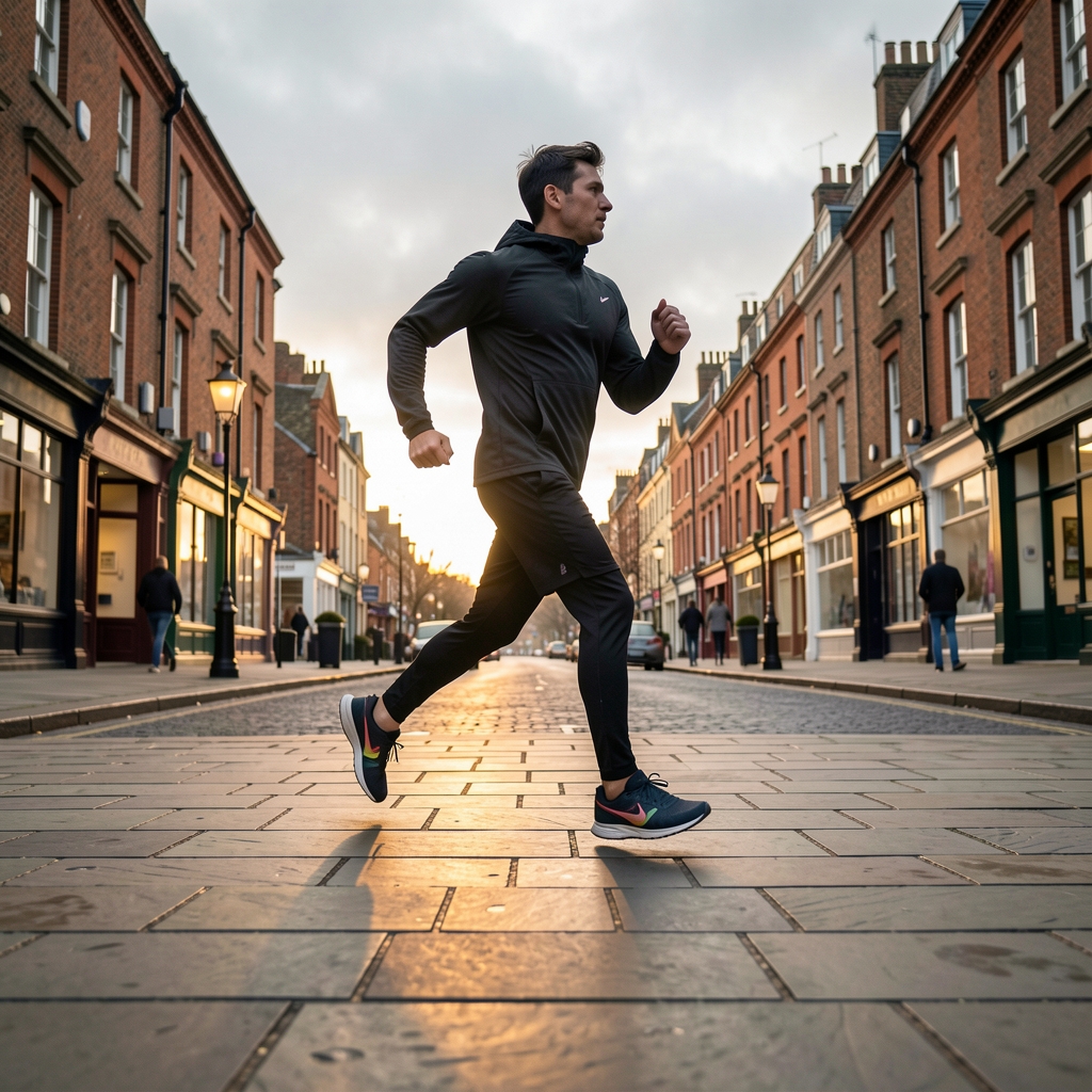 Person in motion on a city pavement at dawn, running shoes visible at street level, overcast English sky