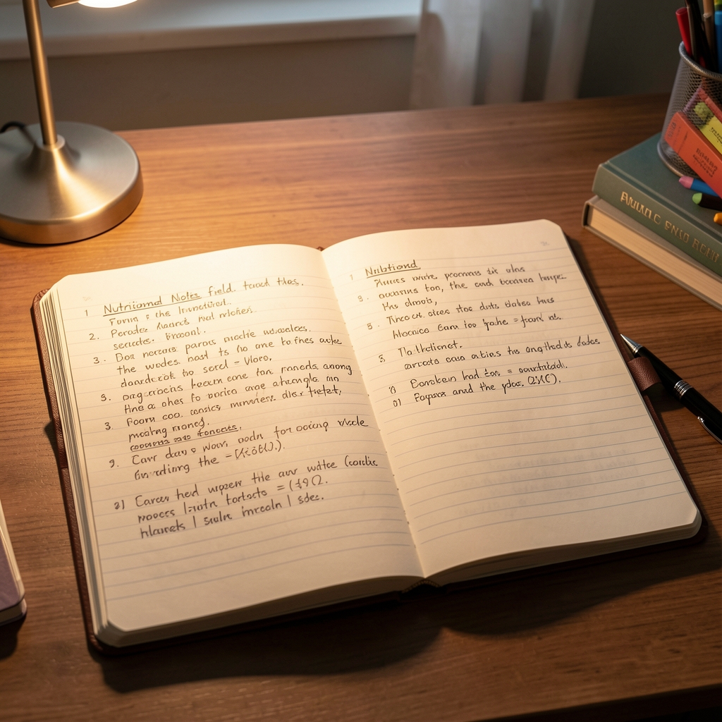 Open notebook with handwritten nutritional field notes on a desk, lamp light casting warm shadows
